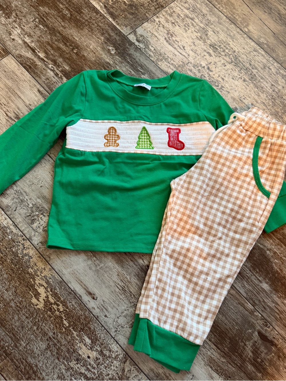 Kids Green Holiday Matching Set with Tan Gingham Pants